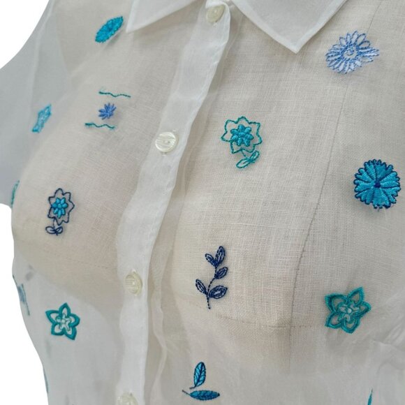 Vintage 80s 90s Sheer & Floral Embroidered Button Up Short Sleeve Blouse - Picture 2 of 6